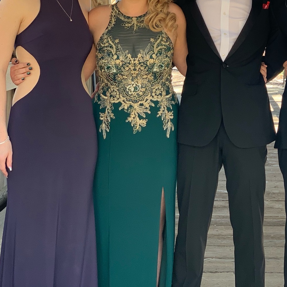 Xscape Teal and Gold Prom Dress